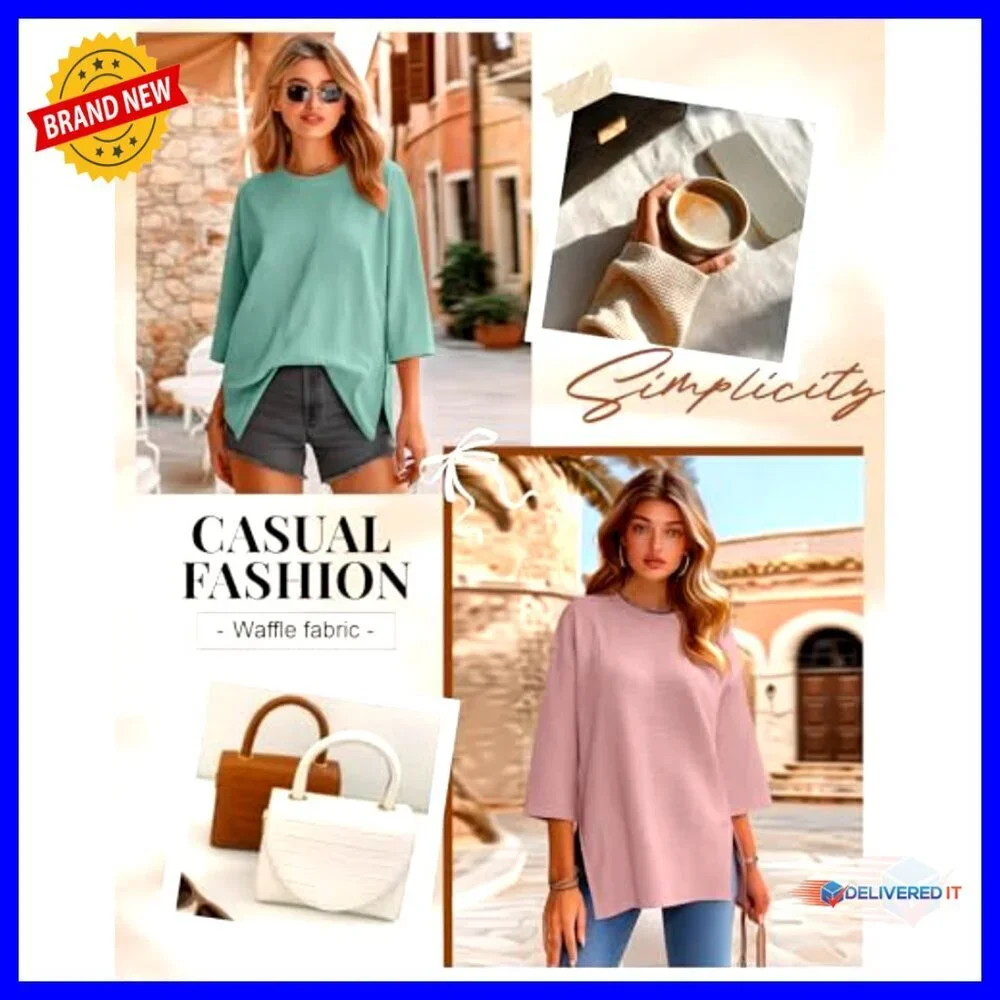 Oversized Waffle Knit Tops 3/4 Sleeve Loose Fit Casual Blouses 3 Pack - Picture 2 of 6